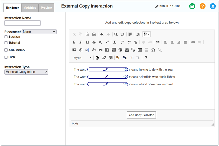 External Copy Interaction Editor window: External Copy Inline: Renderer tab